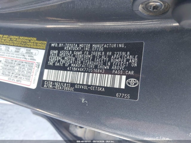 2007 Toyota Camry Se V6 მანქანა იყიდება აუქციონზე, vin: 4T1BK46K77U516843, აუქციონის ნომერი: 46150101
