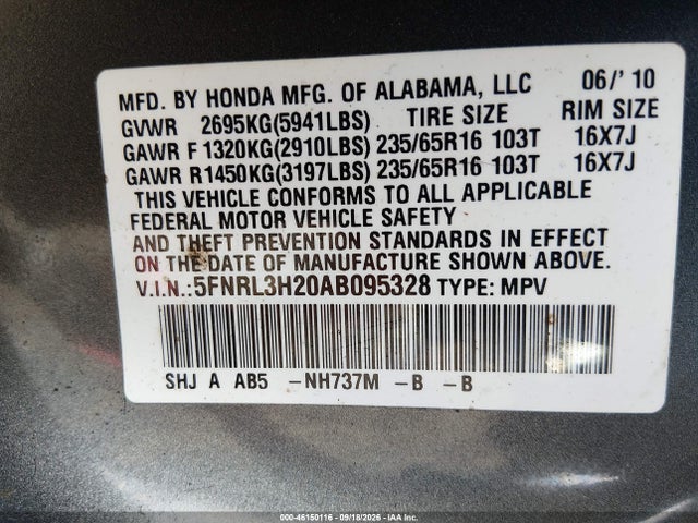 Aukcja sprzedaży 2010 Honda Odyssey Lx, vin: 5FNRL3H20AB095328, numer aukcji: 46150116