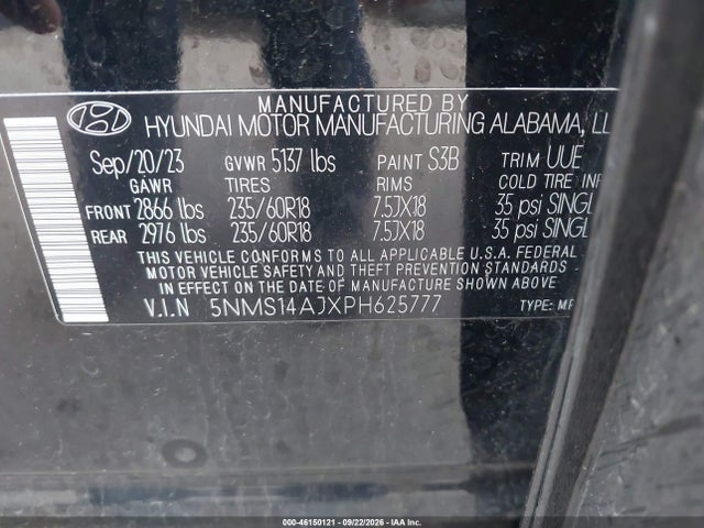 46150121 :رقم المزاد ، 5NMS14AJXPH625777 vin ، 2023 Hyundai Santa Fe Se مزاد بيع