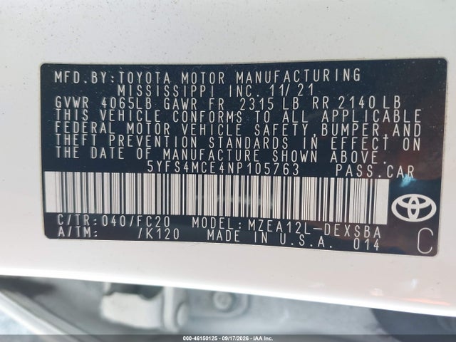46150125 :رقم المزاد ، 5YFS4MCE4NP105763 vin ، 2022 Toyota Corolla Se مزاد بيع