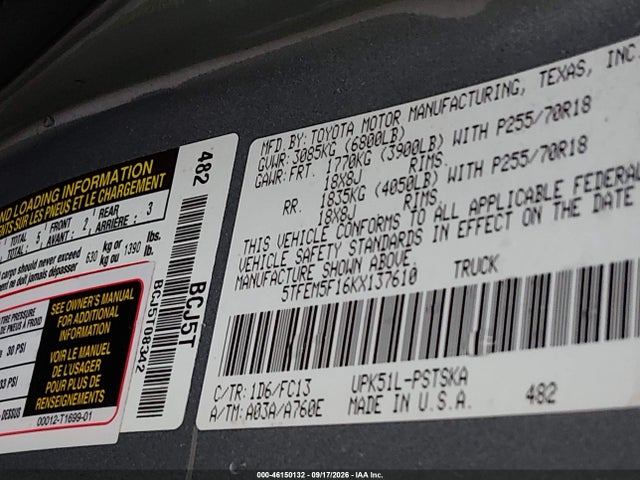 Aukcja sprzedaży 2019 Toyota Tundra Sr5 4.6l V8, vin: 5TFEM5F16KX137610, numer aukcji: 46150132