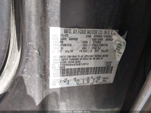 46150134 :رقم المزاد ، 1FTRW086X3KB15213 vin ، 2003 Ford F-150 Lariat/xlt مزاد بيع