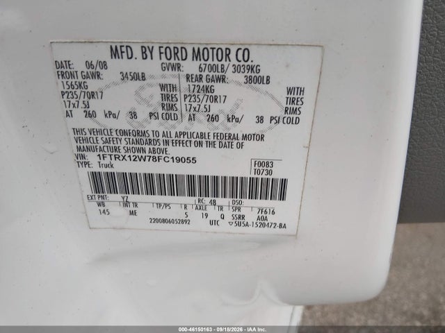 Продаж на аукціоні авто 2008 Ford F-150 Fx2/stx/xl/xlt, vin: 1FTRX12W78FC19055, номер лоту: 46150163