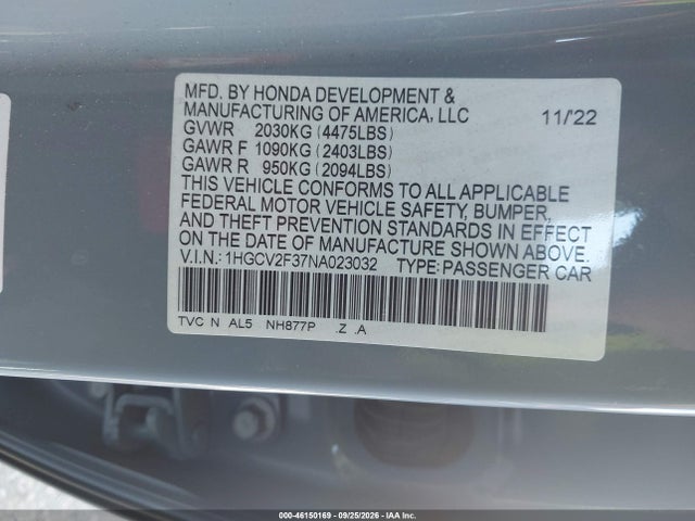 46150169 :رقم المزاد ، 1HGCV2F37NA023032 vin ، 2022 Honda Accord Sport 2.0t مزاد بيع