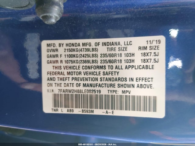46150181 :رقم المزاد ، 7FARW2H88LE002519 vin ، 2020 Honda Cr-v Awd Ex-l مزاد بيع