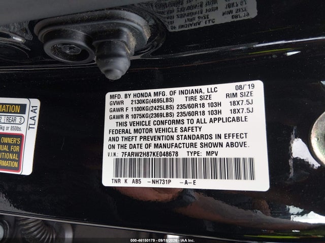 2019 Honda Cr-v Ex-l მანქანა იყიდება აუქციონზე, vin: 7FARW2H87KE048678, აუქციონის ნომერი: 46150179