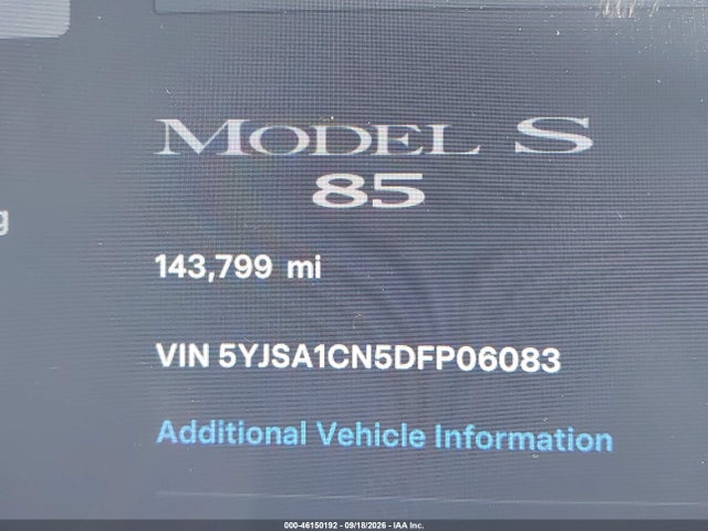 2013 Tesla Model S მანქანა იყიდება აუქციონზე, vin: 5YJSA1CN5DFP06083, აუქციონის ნომერი: 46150192