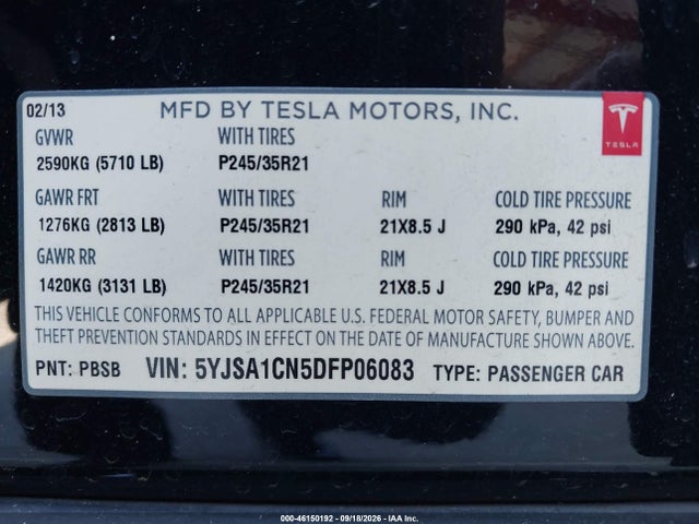 2013 Tesla Model S მანქანა იყიდება აუქციონზე, vin: 5YJSA1CN5DFP06083, აუქციონის ნომერი: 46150192