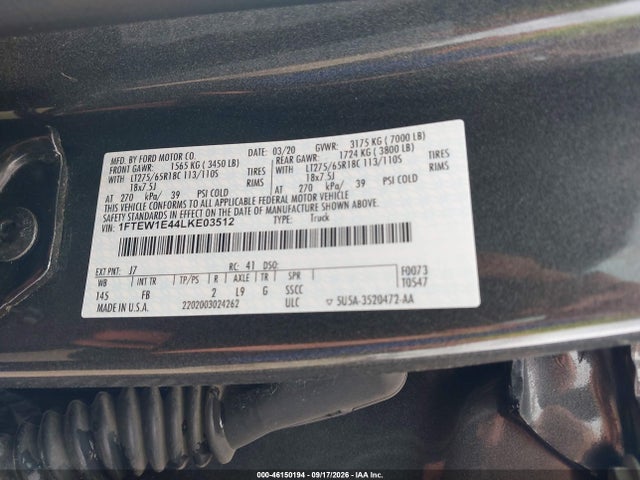 46150194 :رقم المزاد ، 1FTEW1E44LKE03512 vin ، 2020 Ford F-150 Xlt مزاد بيع