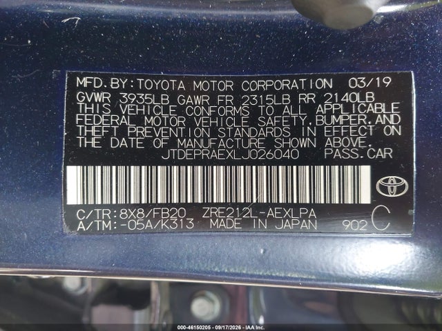 46150205 :رقم المزاد ، JTDEPRAEXLJ026040 vin ، 2020 Toyota Corolla Le مزاد بيع