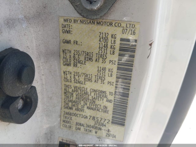 46150207 :رقم المزاد ، 1N6BD0CT1GN785772 vin ، 2016 Nissan Frontier S مزاد بيع
