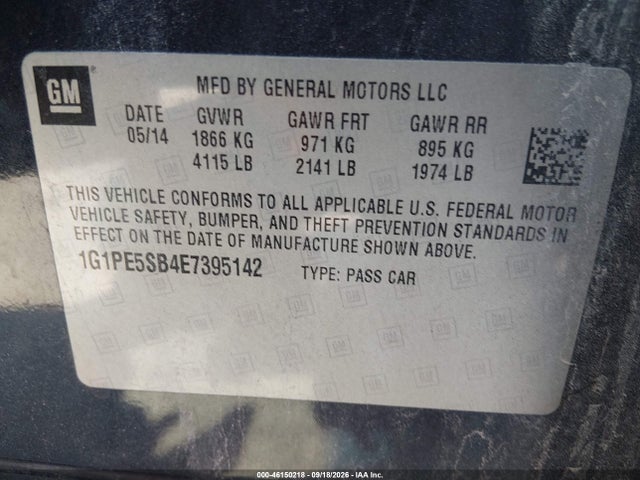 46150218 :رقم المزاد ، 1G1PE5SB4E7395142 vin ، 2014 Chevrolet Cruze 2lt Auto مزاد بيع