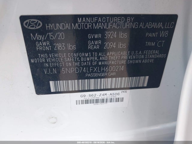 46150219 :رقم المزاد ، 5NPD74LFXLH600214 vin ، 2020 Hyundai Elantra Se مزاد بيع