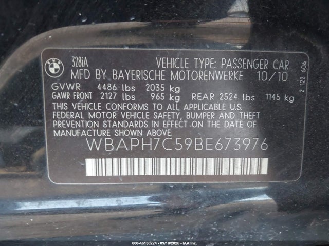 Aukcja sprzedaży 2011 Bmw 328i, vin: WBAPH7C59BE673976, numer aukcji: 46150224