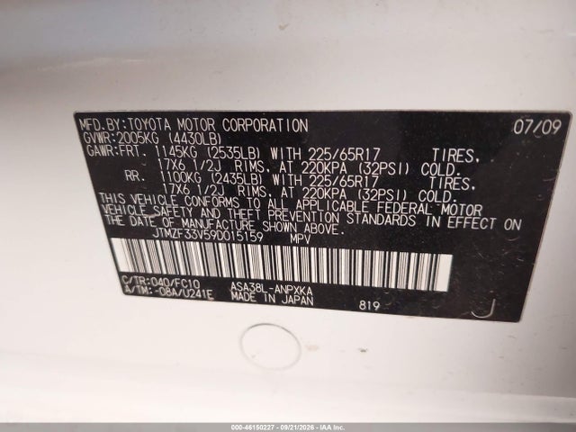 Aukcja sprzedaży 2009 Toyota Rav4, vin: JTMZF33V59D015159, numer aukcji: 46150227