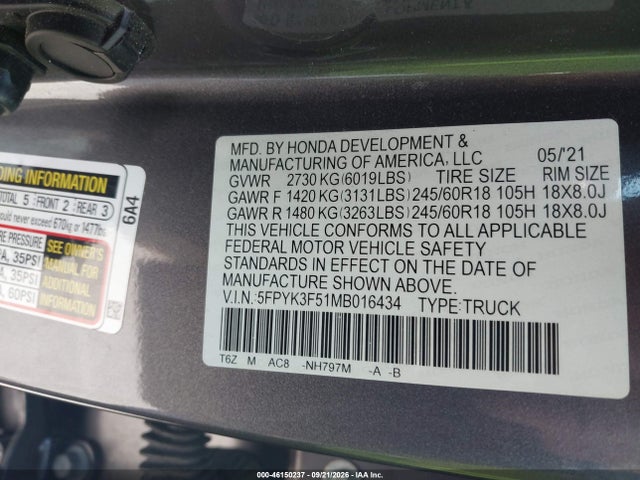 Honda Ridgeline Awd Rtl 2021 5FPYK3F51MB016434 Image 9