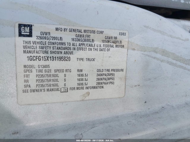 Продаж на аукціоні авто 2003 Chevrolet Express, vin: 1GCFG15X131195820, номер лоту: 46150259