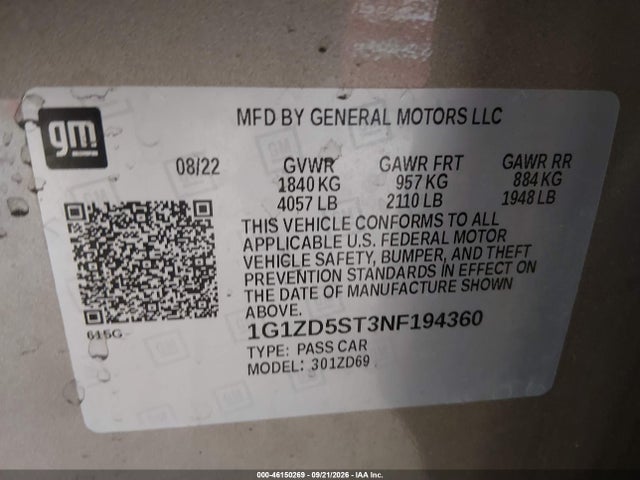 1G1ZD5ST3NF194360 Chevrolet Malibu Fwd Lt
