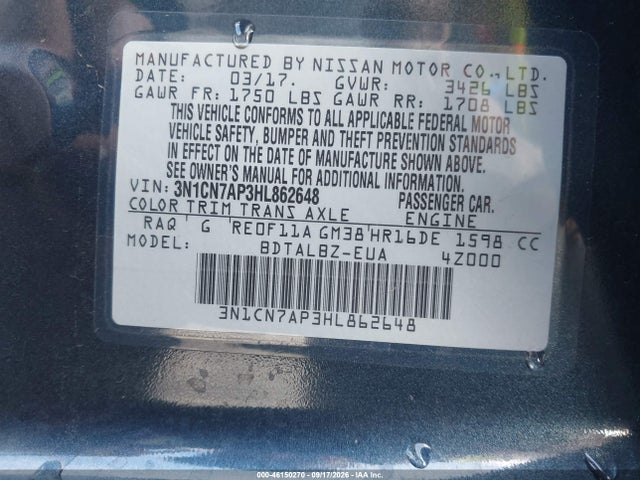 Продажа на аукционе авто 2017 Nissan Versa 1.6 Sv, vin: 3N1CN7AP3HL862648, номер лота: 46150270