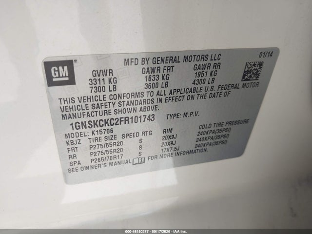 Aukcja sprzedaży 2015 Chevrolet Tahoe Ltz, vin: 1GNSKCKC2FR101743, numer aukcji: 46150277