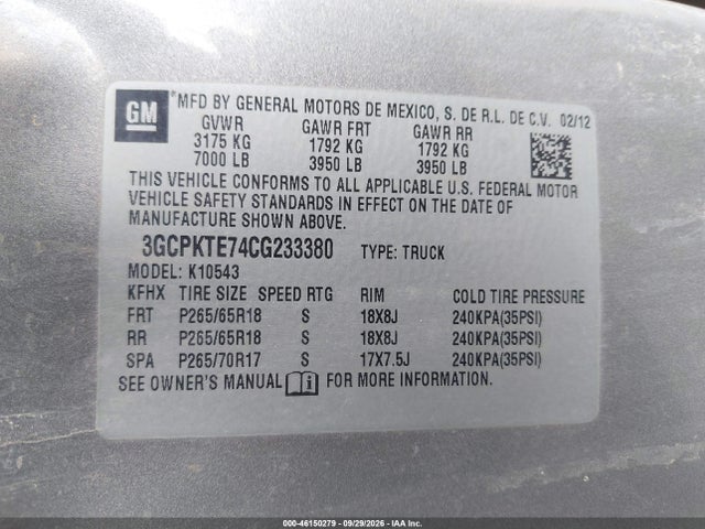 2012 Chevrolet Silverado 1500 Ltz მანქანა იყიდება აუქციონზე, vin: 3GCPKTE74CG233380, აუქციონის ნომერი: 46150279