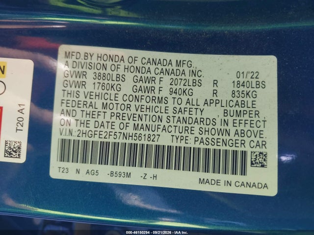 2HGFE2F57NH561827 Honda Civic Sport