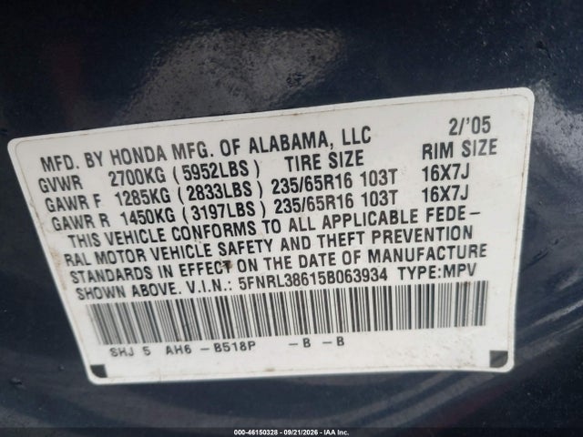 Aukcja sprzedaży 2005 Honda Odyssey Ex-l, vin: 5FNRL38615B063934, numer aukcji: 46150328