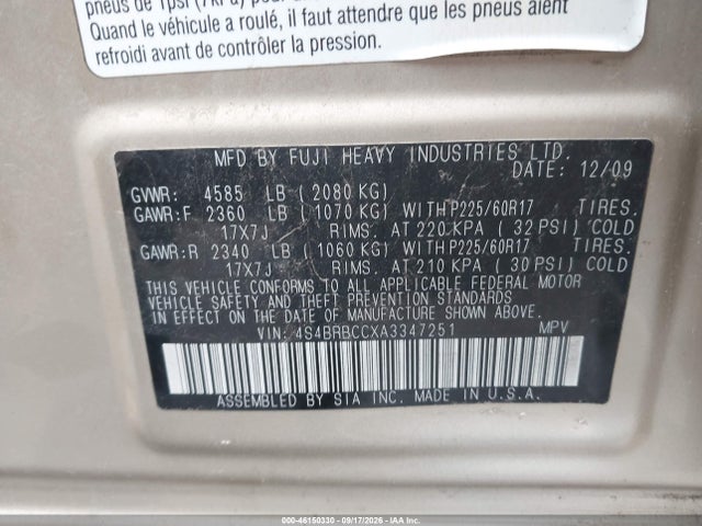 Продаж на аукціоні авто 2010 Subaru Outback 2.5i Premium, vin: 4S4BRBCCXA3347251, номер лоту: 46150330