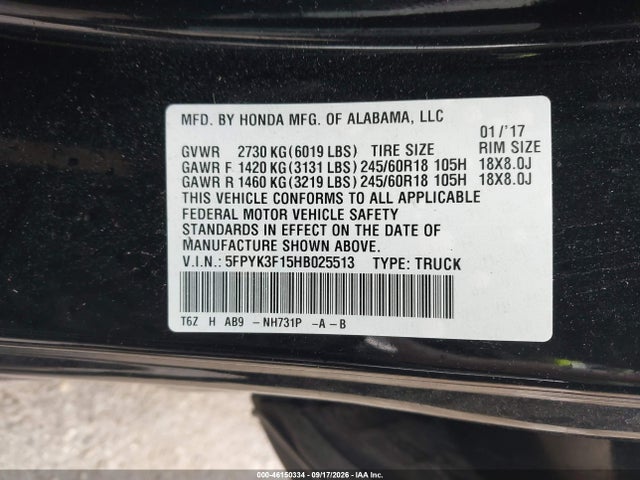 2017 Honda Ridgeline Sport მანქანა იყიდება აუქციონზე, vin: 5FPYK3F15HB025513, აუქციონის ნომერი: 46150334