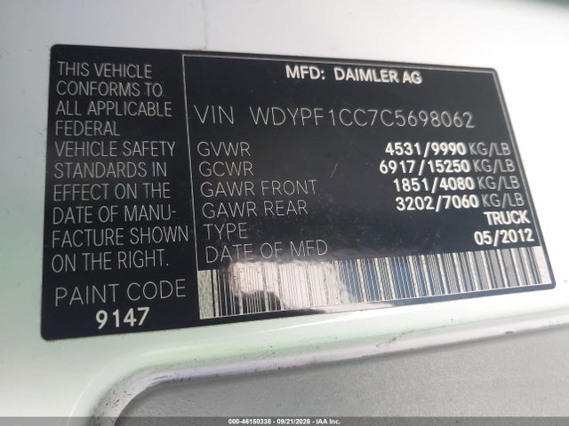 Продаж на аукціоні авто 2012 Freightliner Sprinter 3500, vin: WDYPF1CC7C5698062, номер лоту: 46150338