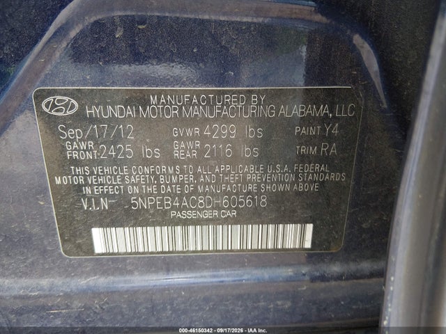 Aukcja sprzedaży 2013 Hyundai Sonata Gls, vin: 5NPEB4AC8DH605618, numer aukcji: 46150342