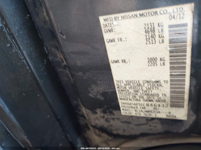 2012 Nissan Maxima 3.5 Sv მანქანა იყიდება აუქციონზე, vin: 1N4AA5AP1CC846432, აუქციონის ნომერი: 46150343