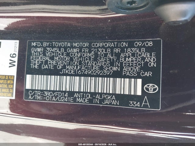 2009 Scion Tc მანქანა იყიდება აუქციონზე, vin: JTKDE167490292397, აუქციონის ნომერი: 46150344