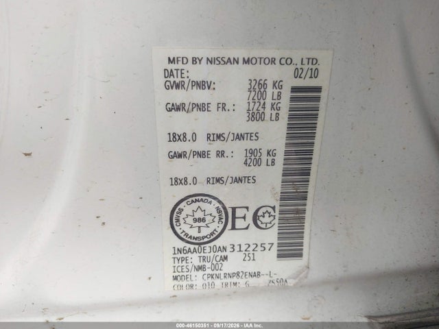 Aukcja sprzedaży 2010 Nissan Titan Xe, vin: 1N6AA0EJ0AN312257, numer aukcji: 46150351