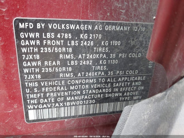2011 Volkswagen Tiguan Sel მანქანა იყიდება აუქციონზე, vin: WVGAV7AX1BW001230, აუქციონის ნომერი: 46150360