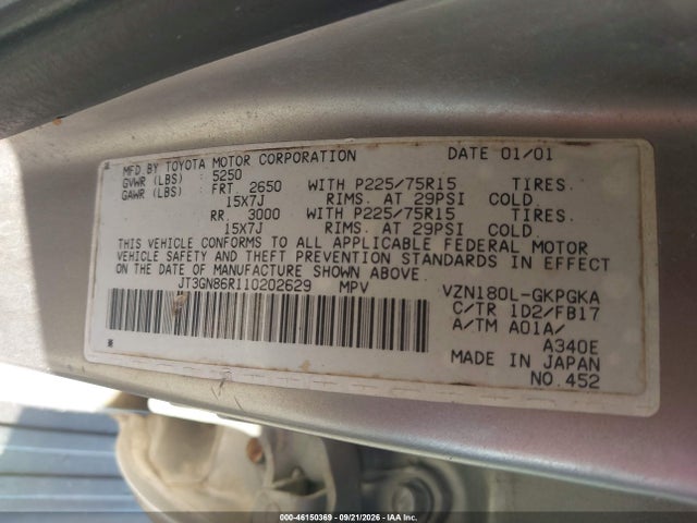 2001 Toyota 4runner Sr5 V6 მანქანა იყიდება აუქციონზე, vin: JT3GN86R110202629, აუქციონის ნომერი: 46150369