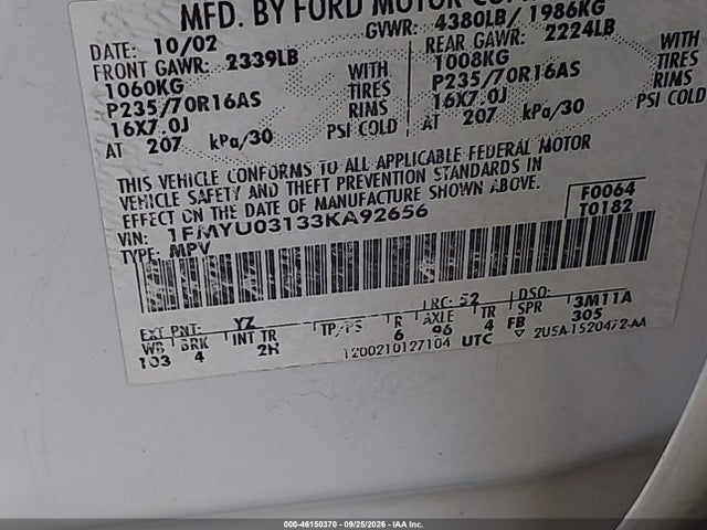 Продаж на аукціоні авто 2003 Ford Escape Xlt, vin: 1FMYU03133KA92656, номер лоту: 46150370