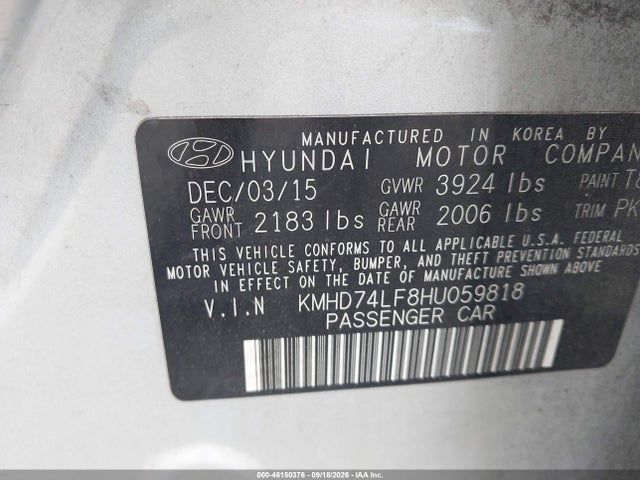 Продаж на аукціоні авто 2017 Hyundai Elantra Se, vin: KMHD74LF8HU059818, номер лоту: 46150376