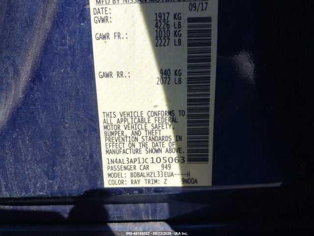 46150382 :رقم المزاد ، 1N4AL3AP1JC105063 vin ، 2018 Nissan Altima 2.5 Sr مزاد بيع