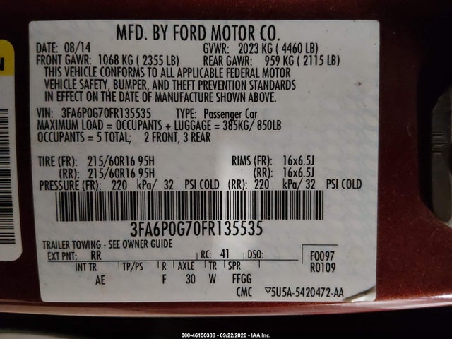 Aukcja sprzedaży 2015 Ford Fusion S, vin: 3FA6P0G70FR135535, numer aukcji: 46150388
