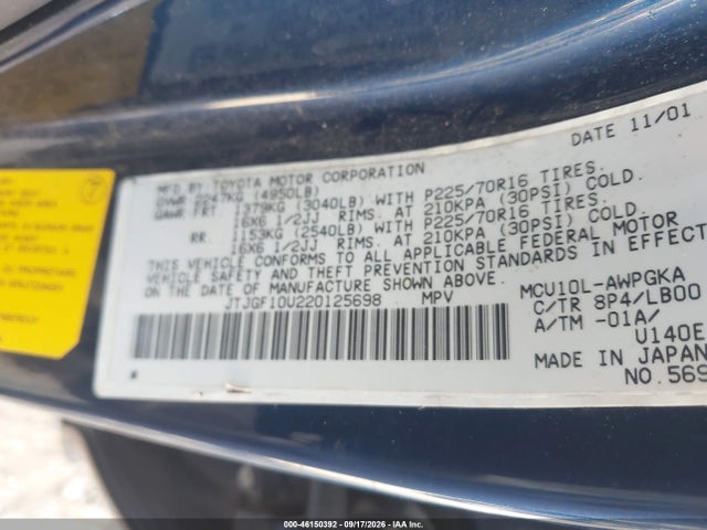 Aukcja sprzedaży 2002 Lexus Rx 300, vin: JTJGF10U220125698, numer aukcji: 46150392