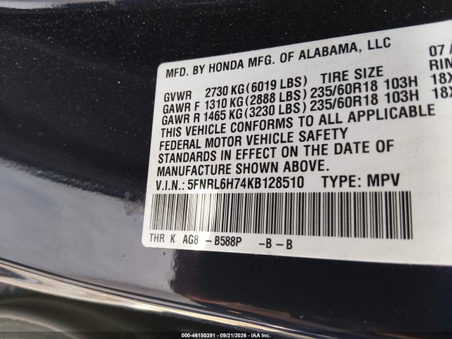 Honda Odyssey Ex-l 2019 5FNRL6H74KB128510 Image 9