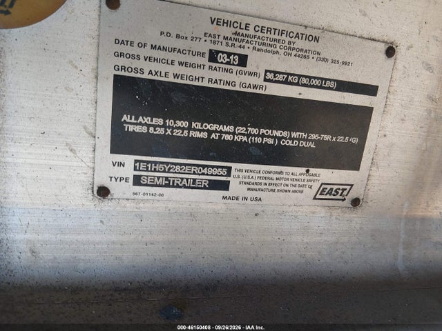 Aukcja sprzedaży 2014 East Manufacturing Flatbed, vin: 1E1H5Y282ER049955, numer aukcji: 46150408