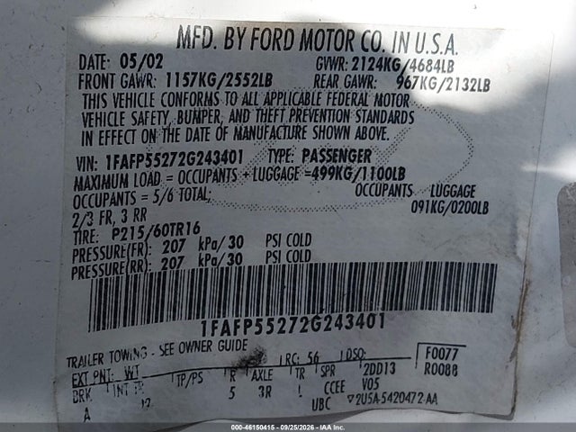 46150415 :رقم المزاد ، 1FAFP55272G243401 vin ، 2002 Ford Taurus Ses مزاد بيع