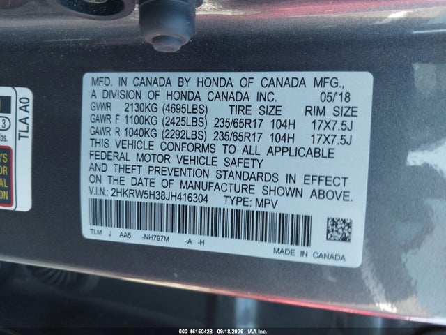 Auction sale of the 2018 Honda Cr-v Lx, vin: 2HKRW5H38JH416304, lot number: 46150428