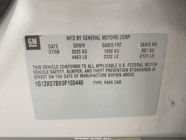 46150429 :رقم المزاد ، 1G1ZK57BX9F103449 vin ، 2009 Chevrolet Malibu Ltz مزاد بيع