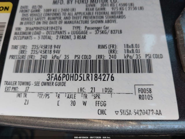 Продажа на аукционе авто 2020 Ford Fusion Se, vin: 3FA6P0HD5LR184276, номер лота: 46150434