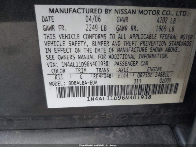 Aukcja sprzedaży 2006 Nissan Altima 2.5 S, vin: 1N4AL11D96N401938, numer aukcji: 46150445