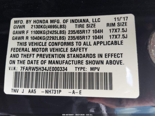 2018 Honda Cr-v Lx მანქანა იყიდება აუქციონზე, vin: 7FARW5H34JE000334, აუქციონის ნომერი: 46150451