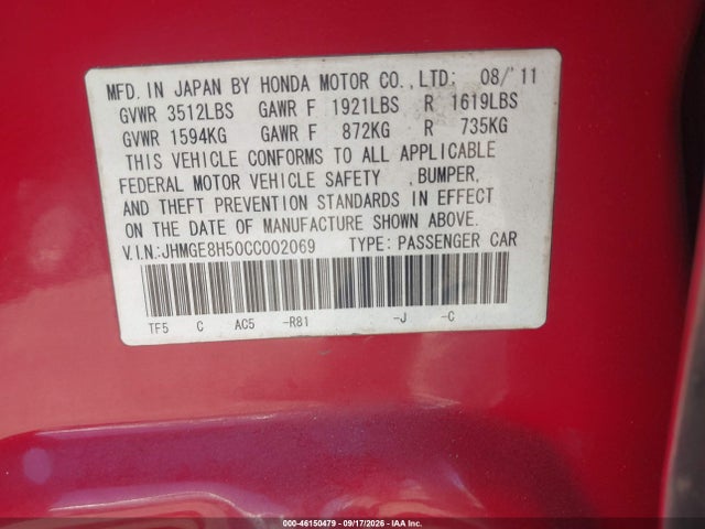 46150479 :رقم المزاد ، JHMGE8H50CC002069 vin ، 2012 Honda Fit Sport مزاد بيع